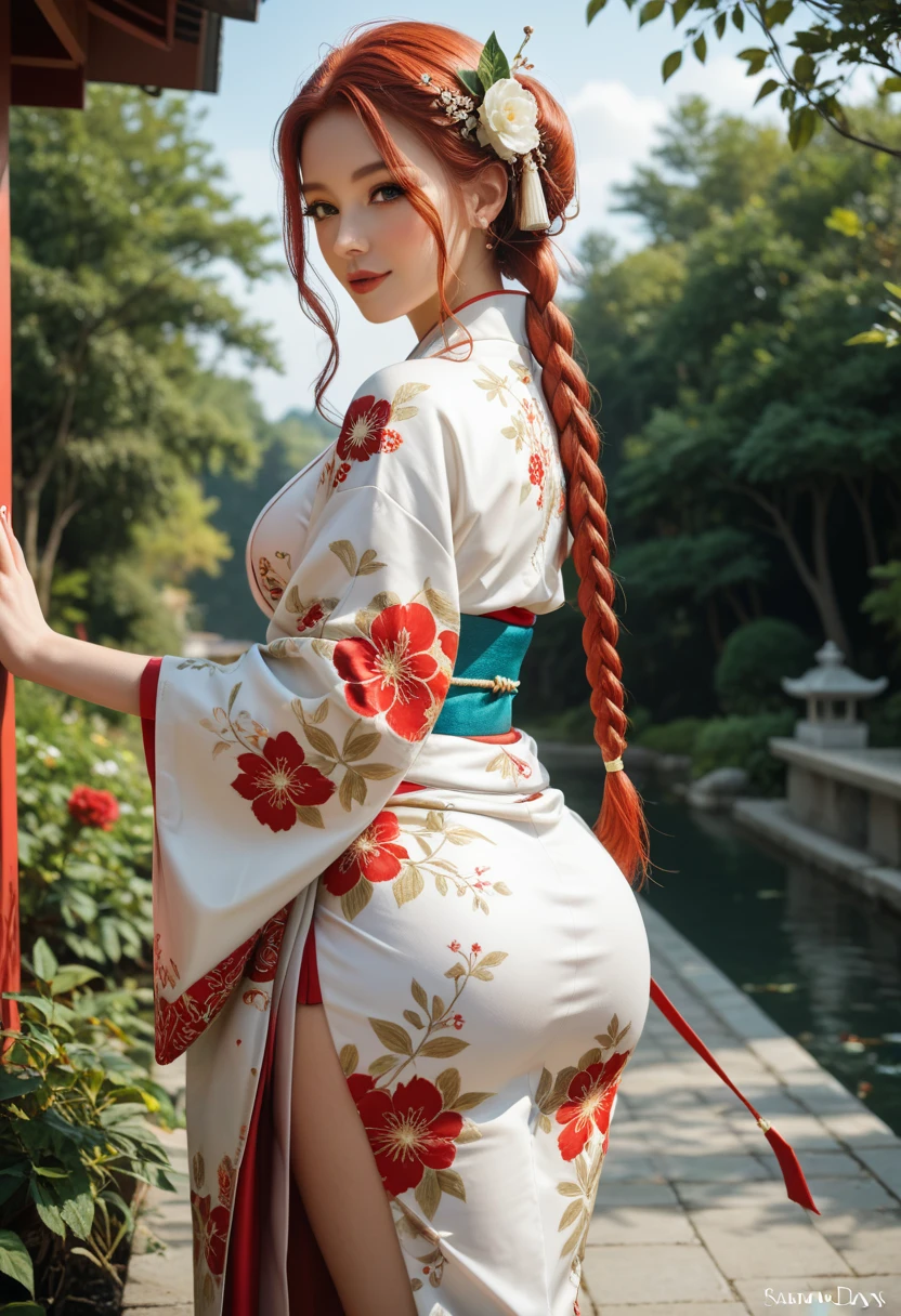 (masterpiece, best quality, cinematic, photorealistic, ultra-detailed), (wide shot, from behind, alluring girl, (voluptuous body, perfect anatomy, sexy body), (glossy red skin, hot and sexy), perfect hands, (large breasts, bursting breasts), (long round legs), (detailed and shiny hair, vibrant crimson red hair, loose waves hairstyle), (wearing silk kimono featuring a pattern of cherry blossoms in various shades of pink and white, the fabric flows gracefully, the obi is intricately tied in an elaborate knot), (delicate silver hairpin with a cherry blossom motif holds a small section of her hair in place), (sensual pose)