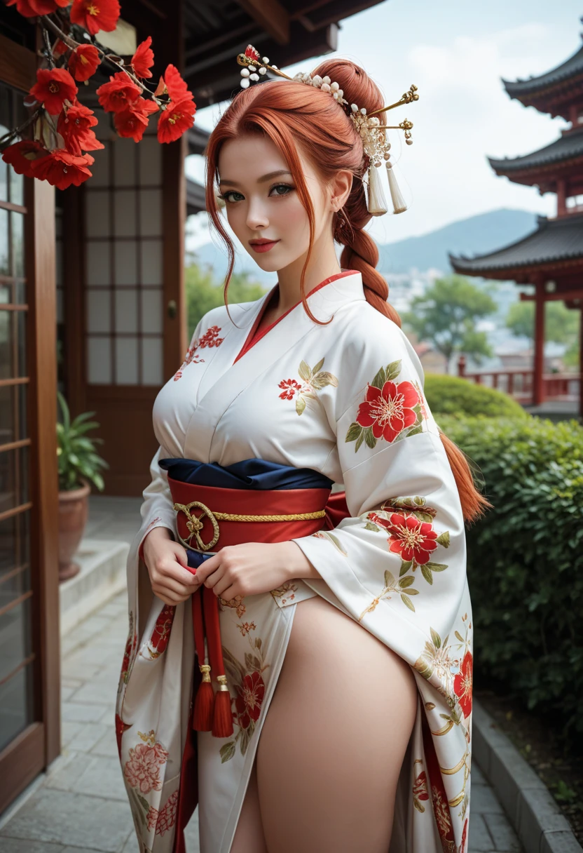 a Japanese furry kitsune with wavy red hair, green eyes, extra large bust, wide hips, wearing a white kimono with gold details, with a nine-tailed tail