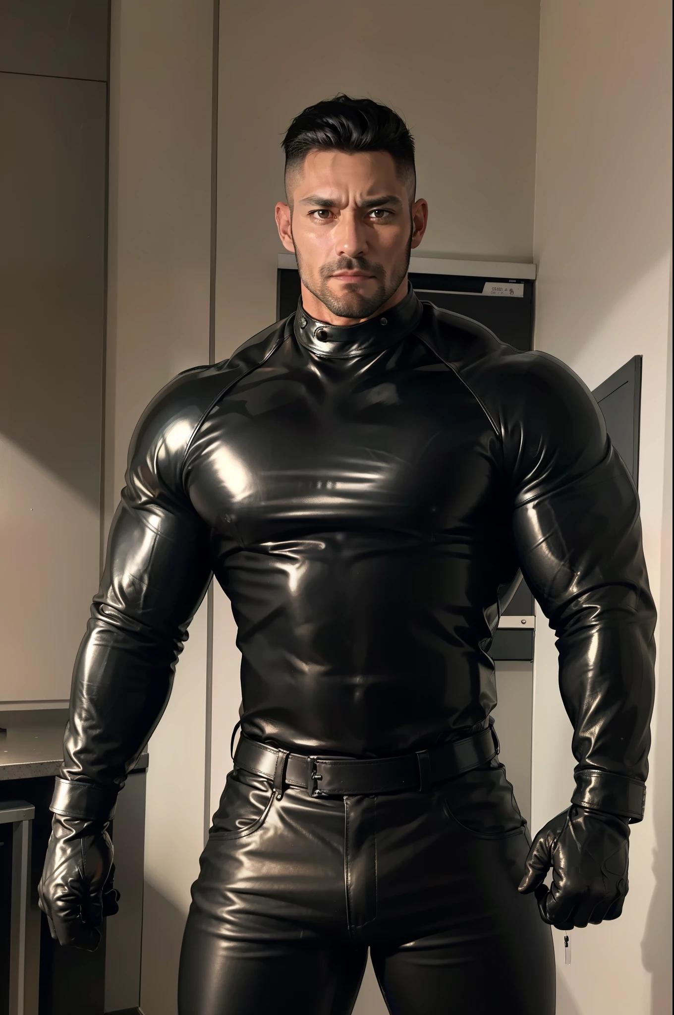 30 years old, daddy,"shiny skin tight leather trousers man ",Dad standing,hd,in the office,"big muscle", gay ,black hair,asia face,masculine,strong man,the boss is,handsome,sex,leather gloves,lecherous dad,look straight ahead,"dad is handsome","gay dad","handsome","raise your hand”,tight black leather long sleeve shirt, tightly accentuating his abs and chest,tight visible abs underneath leather,tight chest