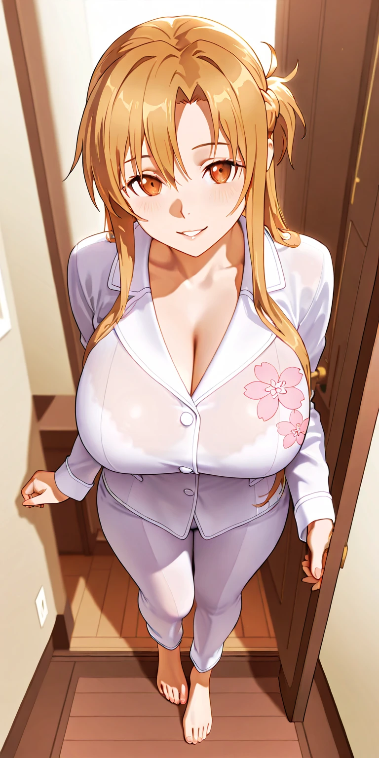 1lady standing, office worker outfit, (id card) lanyard, mature female, /(blonde hair/) bangs, light smile, (masterpiece best quality:1.2) delicate illustration ultra-detailed, large breasts BREAK /(modern office indoors/), window skyscraper