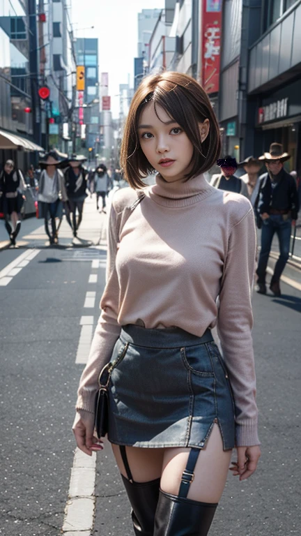 Top quality, A beautiful short-haired woman with vibrant, shy smile, crimson-red hair styled in a sleek, modern pixie cut that perfectly frames her face. Her entire outfit is a rich, monochromatic red—from the deep scarlet turtleneck sweater that hugs her figure to the flowing, wine-red midi skirt that sways as she moves. She completes the look with red ankle boots and a matching red leather belt cinching her waist, adding a touch of sophistication. Her makeup enhances the red theme with bold red eyeshadow, a subtle blush, and a striking matte red lipstick that echoes the intensity of her hair and outfit. The background is a cityscape bathed in the warm glow of a setting sun, with red hues reflected in the buildings and streets, creating a cohesive and fiery atmosphere that highlights her radiant appearance.