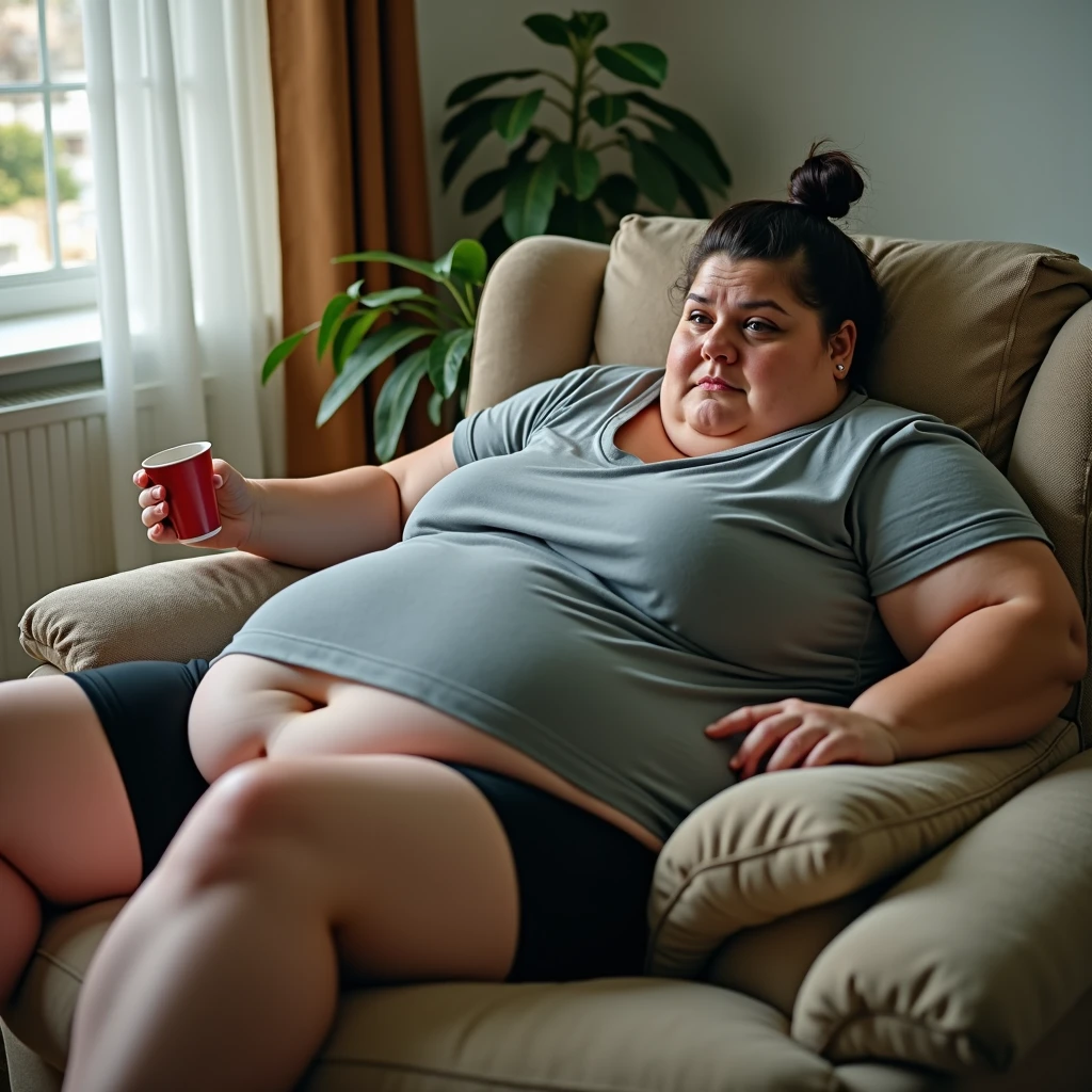 fat woman, sitting on the red sofa, with black pants, gray shirt