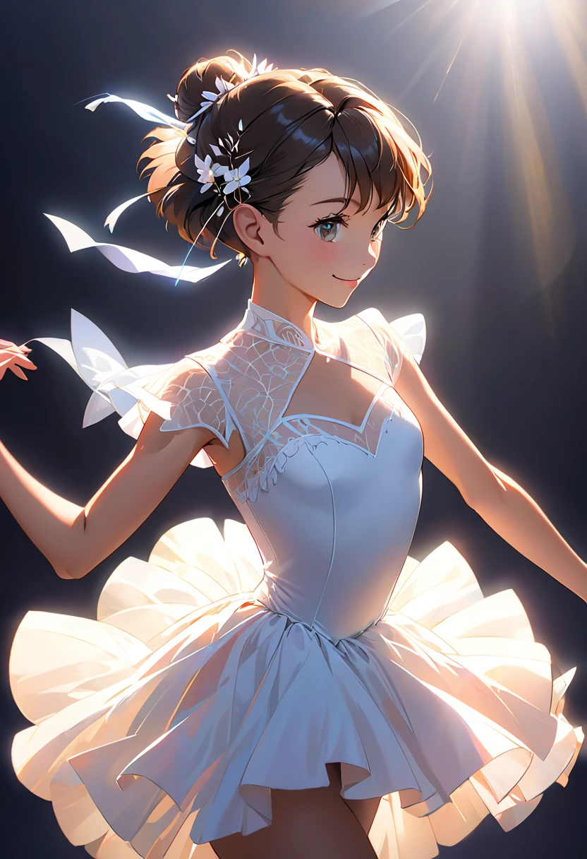 Best quality at best，tmasterpiece，Top-down view，1girll，10years old，Dance ballet，Ballet costumes，Bust photo，Close-up close-up，with short black hair，big breasts beautiful，looking at viewert，ssmile，white stockings，particle fx，Off-the-shoulder attire，perspire，scowling，ballet dance