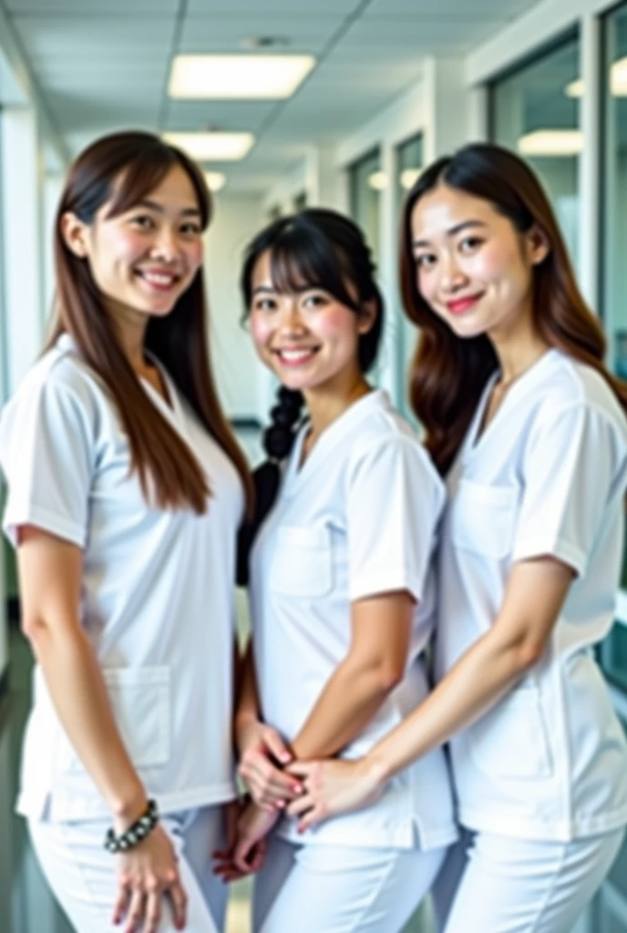 Dental hygienists, two women, smiling, all wearing light purple medical scrubs, short sleeves, Japanese, black hair, women in their early 30s Upper body close-up high resolution Highest quality Don't press your face too much 2People Main