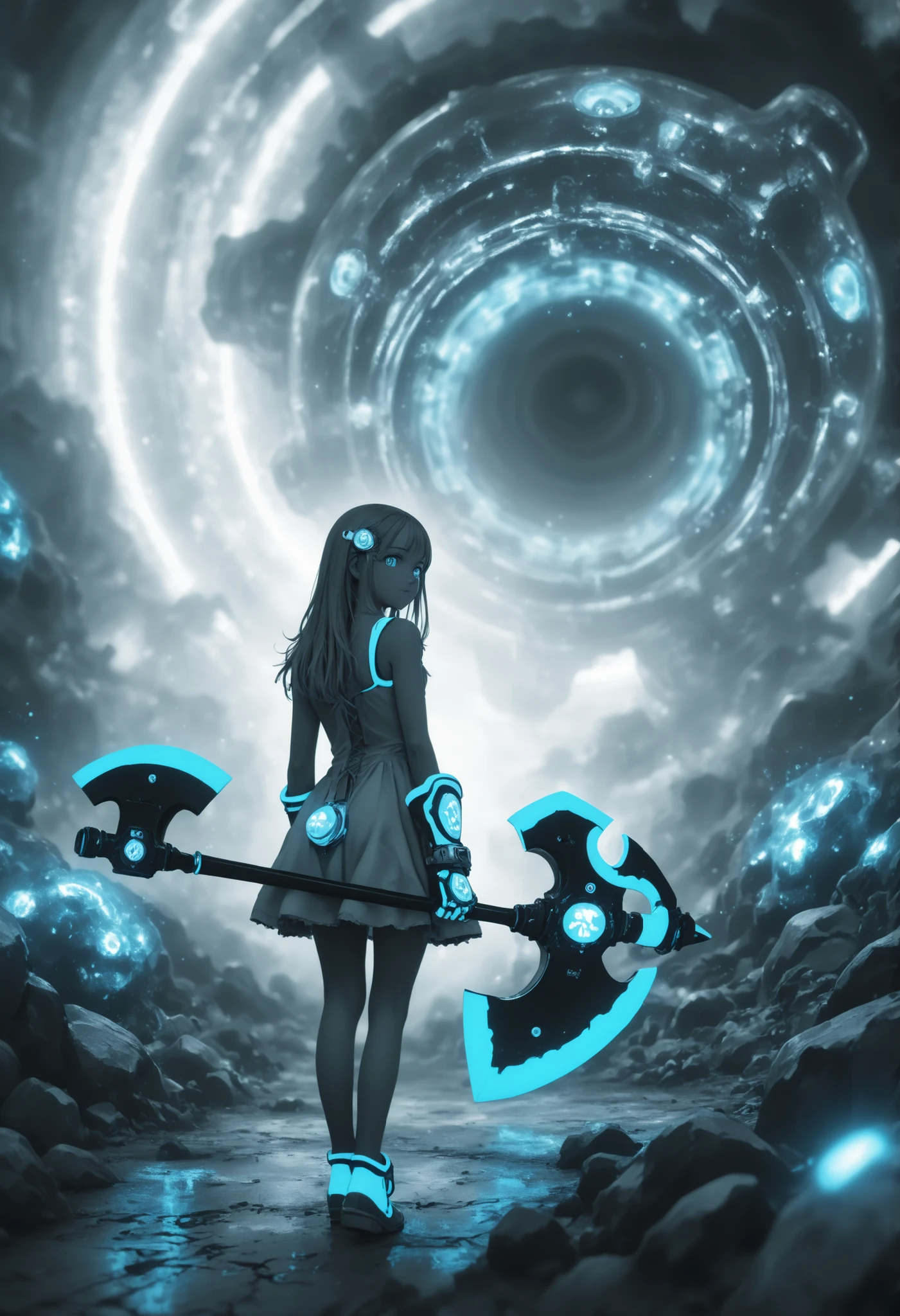 A young girl ,dress with giant ruffles, from behind,(looking back),blue eyes,giant blue rune axe,blue mechanical glove, monochrome,grayscale,Acha and blue eyes on the background,messy line art,Neon blue,particles ,Neon glow, stones