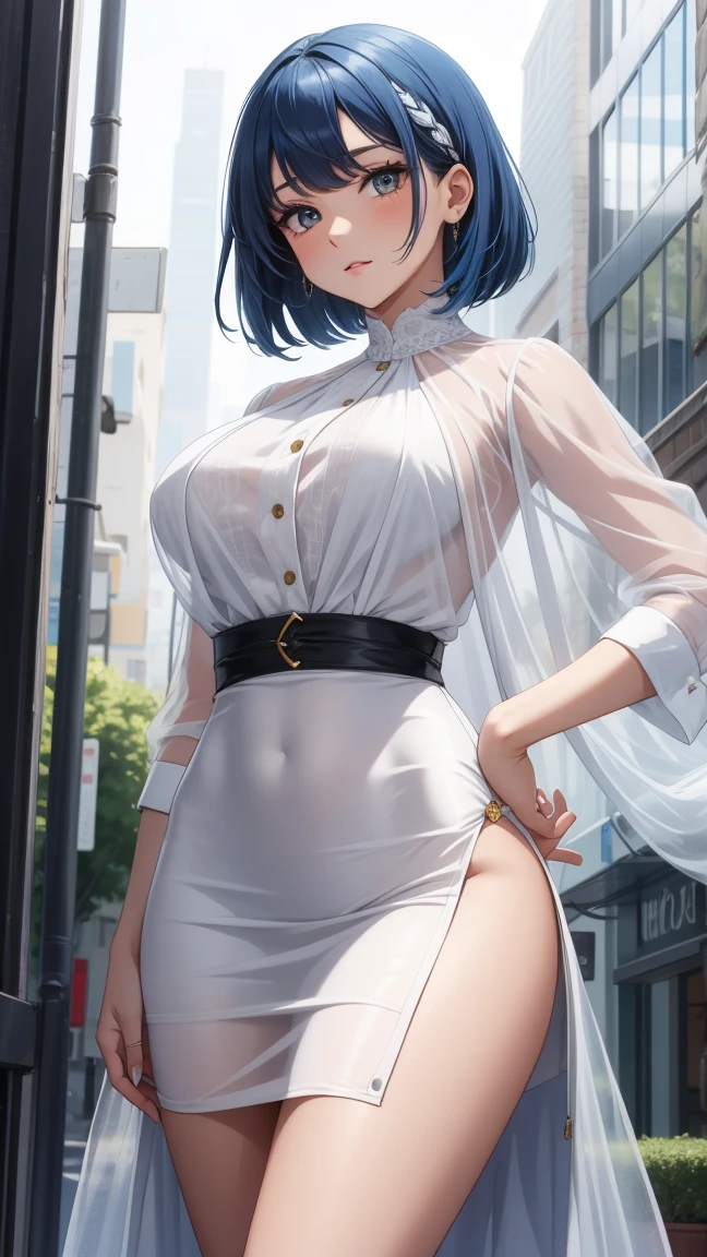 nanami minami,blue hair, blue eyes, long hair, ponytail,masterpiece,best quality,night view,night,weather rain,rainy,cyberpunk city,wet clothes, kebaya_bali,blue_kebaya_bali,large breasts,happy expression,(show nipples:1.2)  ,transparent dress ,show armpits,get raped by 1 man,(skirt lift:1.4),(white lace panties:1.4)