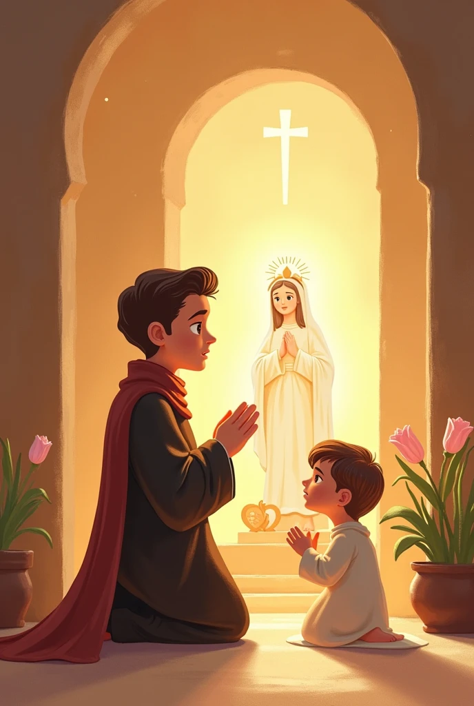 A child looking at the image of a virgin 
