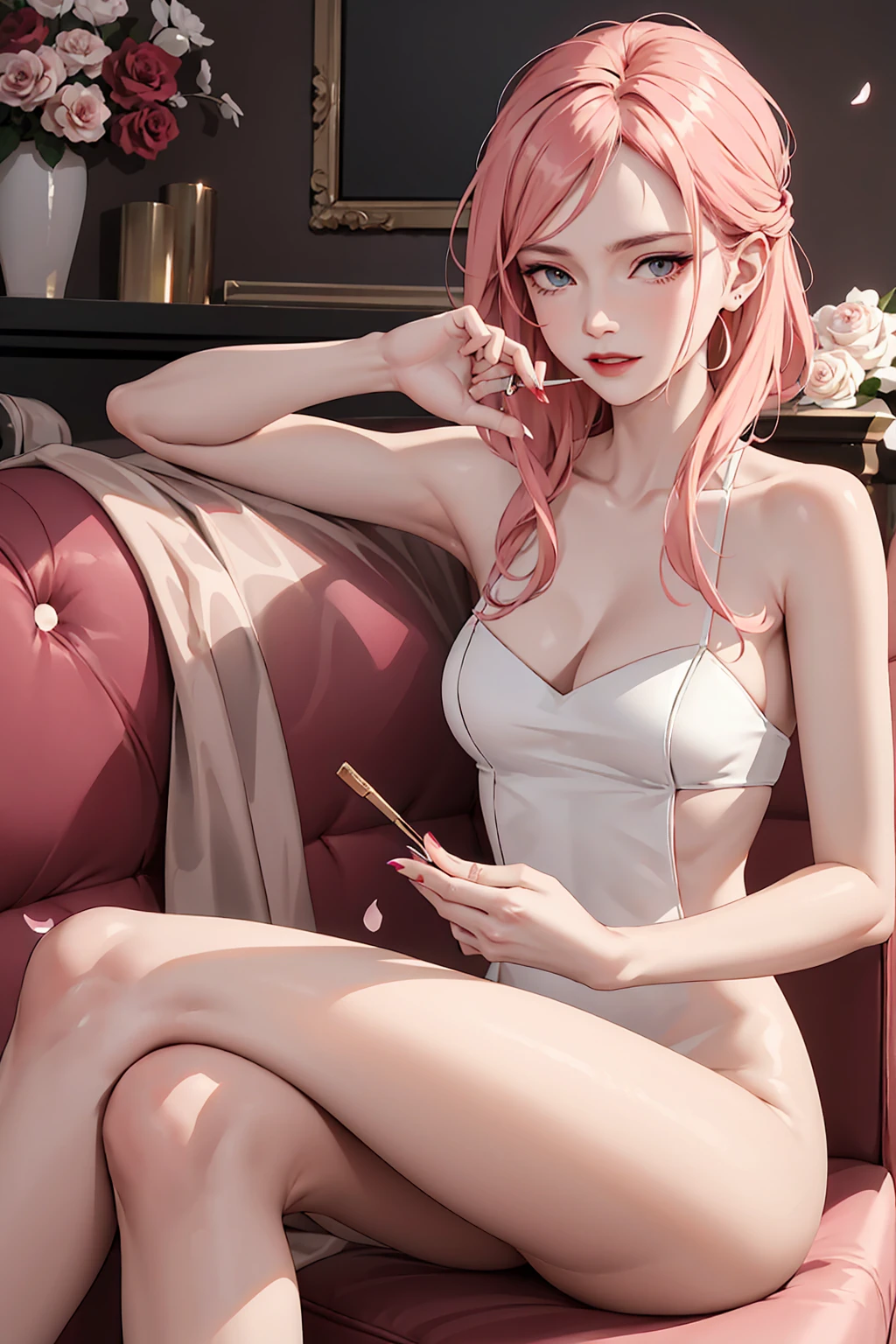 Naked torso,A detailed face,long eyelasher,A detailed eye,(hair straight:1.3),(red eyes:1.3),(Pink hair and white mesh:1.2),Big Cleavage,slim,From the angle below,inns,After bathing,drinking milk,hand on hips,full bodyesbian,bath robe,Coveted,sweat leggs