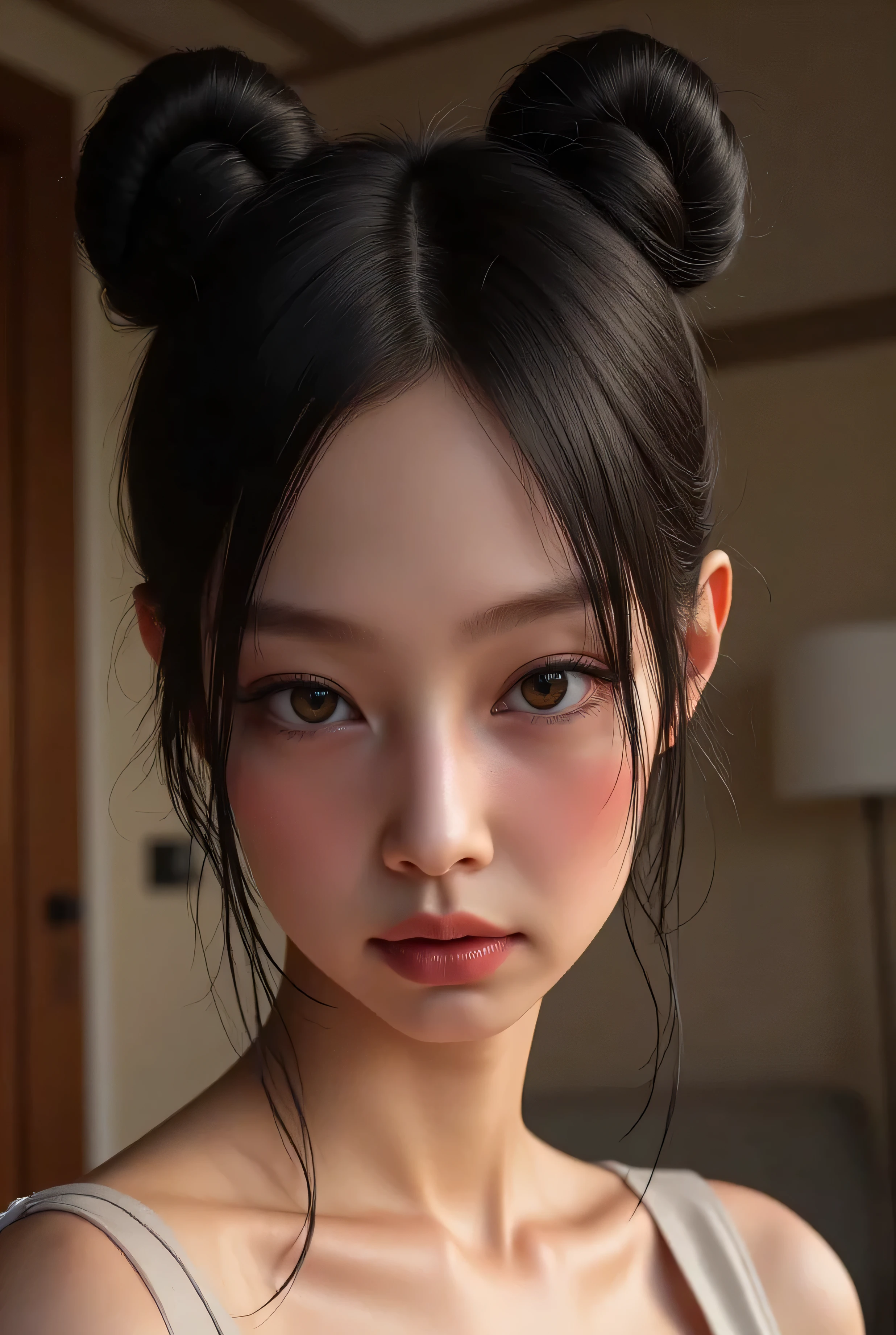 Sex, pov, hair with a dark base, including two big buns on top of her head and a short length going down her neck; above which, lightly dyed or bleached, she keeps a plait or plait which encircles the two buns, uniting in a short length at the back, and a fringe which frames the face.
