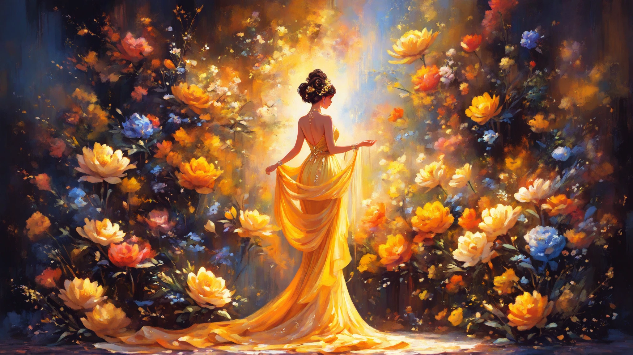oil painting, impressionism,
a painting of a woman in a dress walking next to a flower pot, linda yellow woman, elegant oil painting, expressive and beautiful painting, inspired by Olha Darchuk , elegant and refined painting, lady wearing yellow dress , Painting of the beautiful , ntricate oil painting, figurative abstract art , woman in flowers, lady in bright flower dress , Elegant Woman, artistic painting.
elegant and balanced figure, back view , curly dark hair in hairstyle with yellow flower accessory, flowing yellow-orange dress, Strapless design, abstract floral background that blends with the dress with overlays as if the flowers were part of the dress, warm color palette, yellow flowers, oranges and white , artistic brushstrokes, luminous and dynamic composition, radiant and vivid atmosphere, emphasis on movement and flow, impressive mix of fashion and art.
