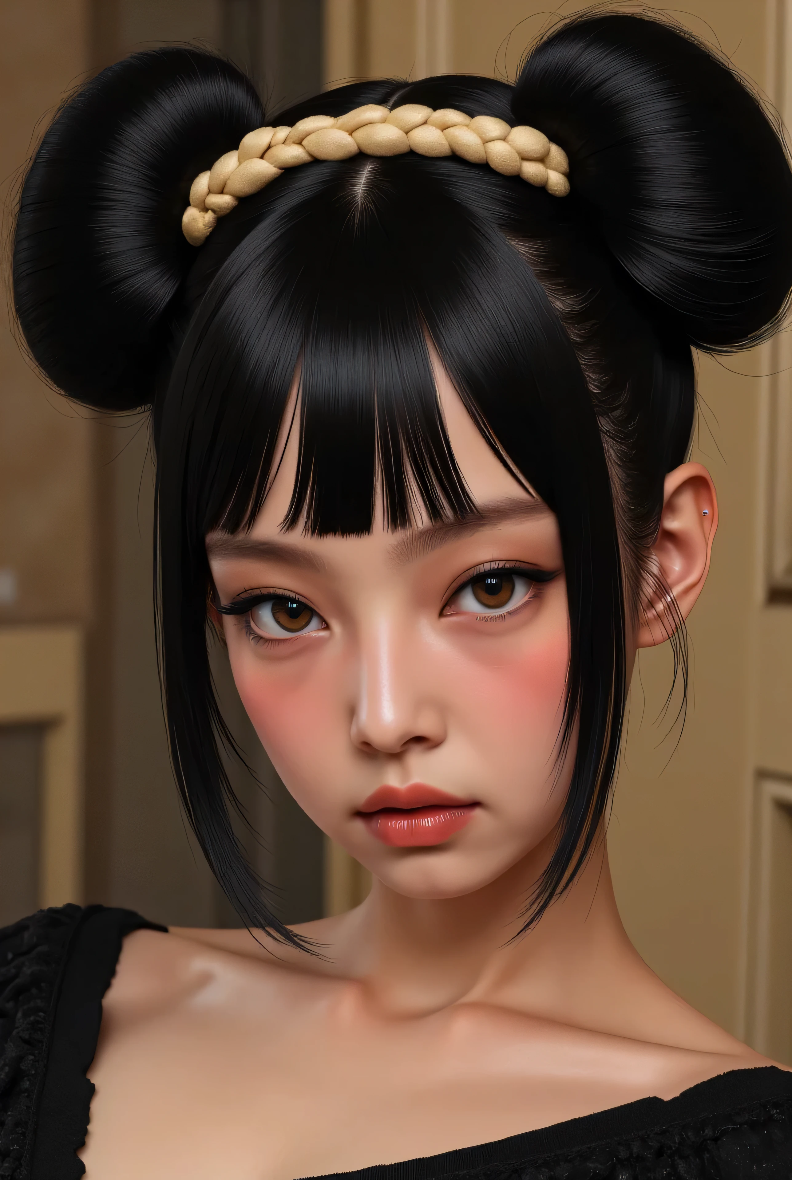 Sex, pov, hair with a dark base, including two big buns on top of her head and a short length going down her neck; above which, lightly dyed or bleached, she keeps a plait or plait which encircles the two buns, uniting in a short length at the back, and a fringe which frames the face.