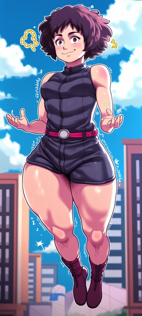 3d, godzilla chan, reptile tail, curvy giantess milf, towering over a city, massive breasts, green short hair, golden eyes, on a street, massive oversized breast, tank top, giantess bumping a building