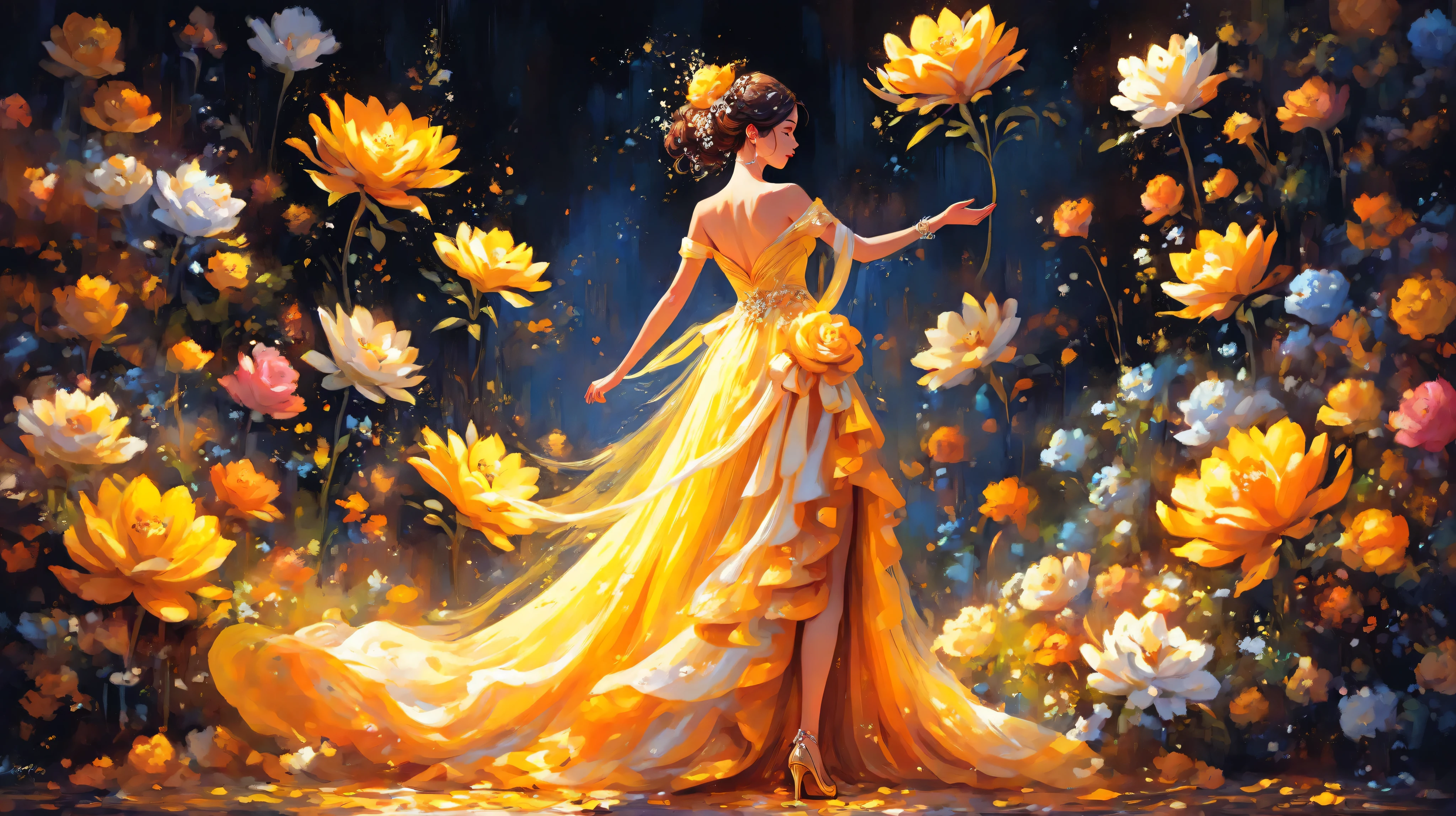 oil painting, impressionism,
a painting of a woman in a dress walking next to a flower pot, linda yellow woman, elegant oil painting, expressive and beautiful painting, inspired by Olha Darchuk , elegant and refined painting, lady wearing yellow dress , Painting of the beautiful , ntricate oil painting, figurative abstract art , woman in flowers, lady in bright flower dress , Elegant Woman, artistic painting.
elegant and balanced figure, back view , curly dark hair in hairstyle with yellow flower accessory, flowing yellow-orange dress, Strapless design, abstract floral background that blends with the dress with overlays as if the flowers were part of the dress, warm color palette, yellow flowers, oranges and white , artistic brushstrokes, luminous and dynamic composition, radiant and vivid atmosphere, emphasis on movement and flow, impressive mix of fashion and art.