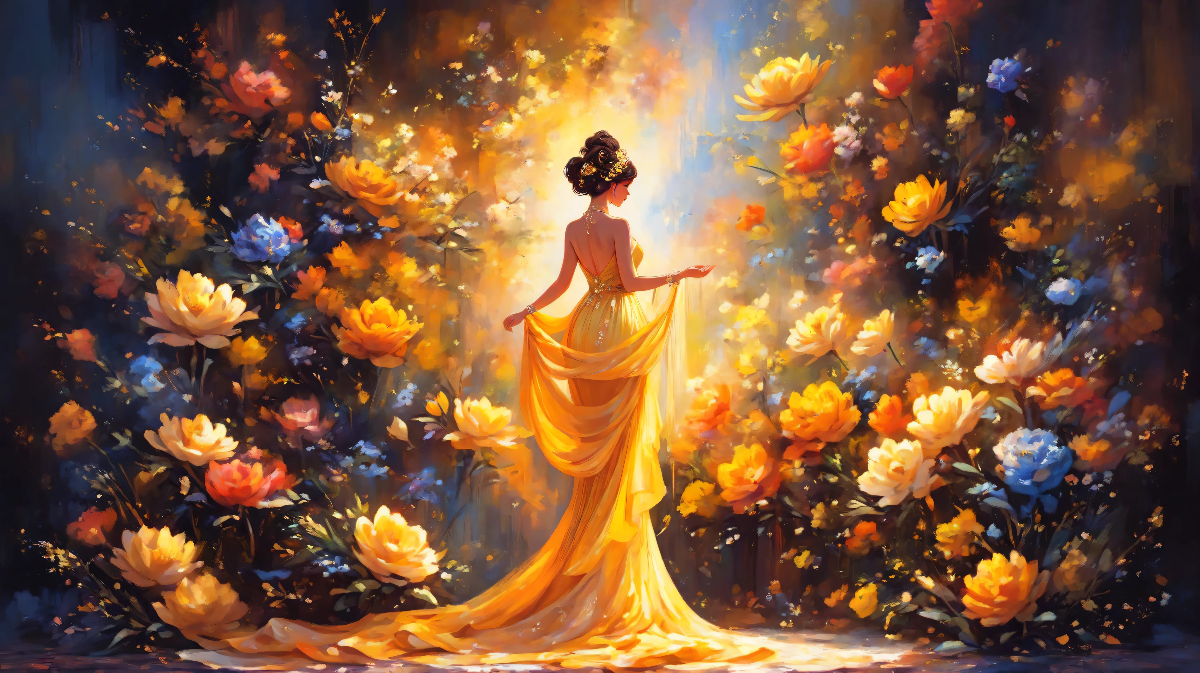 oil painting, impressionism,
a painting of a woman in a dress walking next to a flower pot, linda yellow woman, elegant oil painting, expressive and beautiful painting, inspired by Olha Darchuk , elegant and refined painting, lady wearing yellow dress , Painting of the beautiful , ntricate oil painting, figurative abstract art , woman in flowers, lady in bright flower dress , Elegant Woman, artistic painting.
elegant and balanced figure, back view , curly dark hair in hairstyle with yellow flower accessory, flowing yellow-orange dress, Strapless design, abstract floral background that blends with the dress with overlays as if the flowers were part of the dress, warm color palette, yellow flowers, oranges and white , artistic brushstrokes, luminous and dynamic composition, radiant and vivid atmosphere, emphasis on movement and flow, impressive mix of fashion and art.