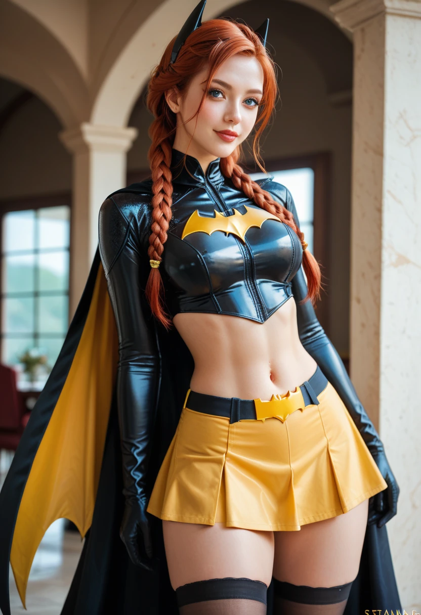sexy batgirl cabelo vermelho longo e olhos azuis, faixa de cabelo preto, croptop branco, mangas curtas, capa vermelha, blue pencil skirt, botas vermelhas, luvas brancas