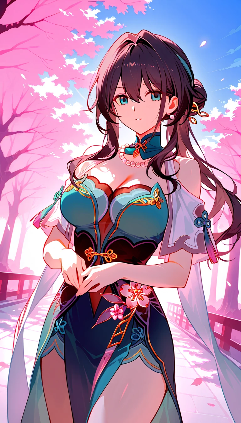 (Masterpiece:1.2, Best quality), cleavage，Large breasts，(fine detailed beautiful eyes: 1.2), 1girll, (komono:1.3), Large breasts, Bare shoulders, flowers and petals, Beautiful concept illustration, (White background:0.5), (illustration:1.1), (Extremely fine and beautiful:1.1), (Perfect details:1.1),  Cowboy shot,