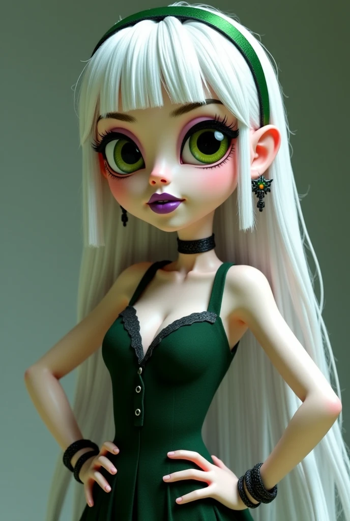 A adult slime girl with a green jelly skin, brown eyes with a cute smirk, wearimg a black dress