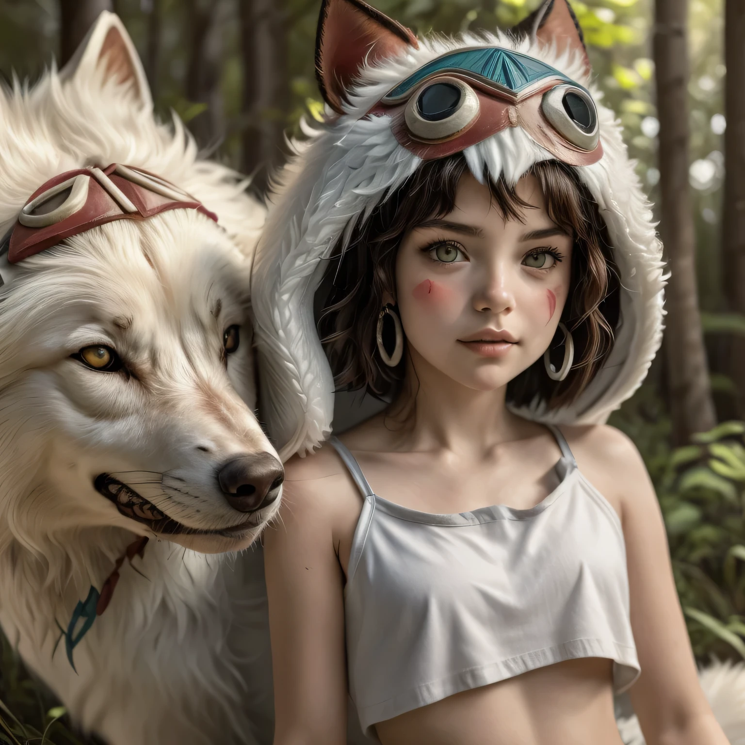 (Masterpiece), best quality, 8k wallpaper, Super detailed, beautiful,, highest quality, 1girl, dark short hair with bangs, beautiful face, (XIV-years-old), wearing a thin white skirt, a white crop top, and wolf mask on her head (princess mononoke style), a young girl sitting on the back of a giant white wolf in the forest, studio ghibli style mononoke,, princess mononoke, photorealistic style, short stature, perfect proportions, image is zoomed out,