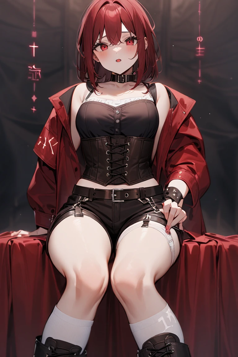 Highest quality、Highest quality、Masterpiece、girl((Metal body,Age 25、as soon as、Highest Bust、Medium Bust、Wide open chest、Red glowing eyes、Black Ear、Red Mesh、Disheveled Hair、Loincloth、thin、The best valley、Open chest、Red Cape、hair ornaments、Full body view、Black short-sleeved hoodie、Red pants、Ruby Necklace、No underwear、hat,Angry face、Sit on a chair、Crossing your legs))、high quality、Beautiful Art、background((night、Red room、Cool chair,Cool chess board、table、red wine))、flight、Flying Debris、Depth of text、movie、Visual Arts、Perfect Art、8K、Genuine、