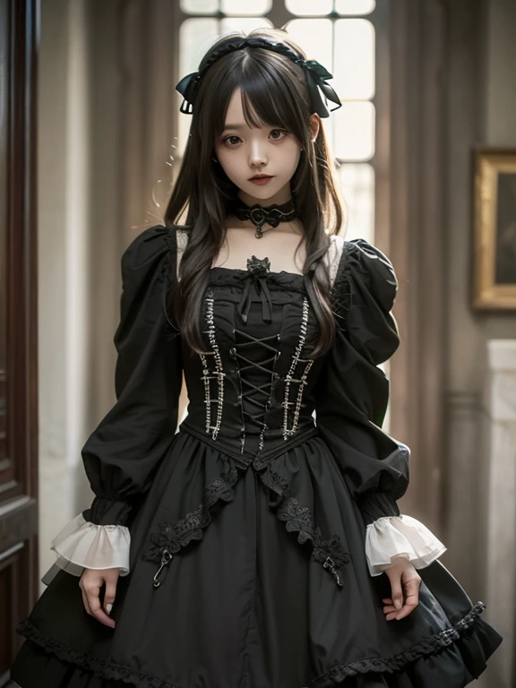 kawaii petit child childish innocent ankle-biter 1girl , star-shaped pupils small_star symbol in the pupils and iris, ((skindantation)) ((flat chest)) +++, extremely detailed character, (an extremely delicate and beautiful), solo focus, straight-on, dramatic angle, depthoffield, (expressionless languorous cute, beautiful detailed eyes lower eyelashes eyelashes, intricate:1.3 ((Gothic Lol) ((Frilled)) dress,skirt, Headdress, bowknot, (((hair ornament))), hair flower, eyeliner skindantation black fishnet_pantyhose, garter straps, Lace, cross-laced footwear, frilled blouse ribbon-trimmed sleeves), bloomers [background(building architecture, stained glass ((gothic architecture)) church, (castle), [fantasy])] stained glass candlestick chain iron prison, St. Peter's Basilica, vachican, portrait , +++ 
blue eyes, 
deep amber hair, 
short hair , 
twin ponytails, 
streaked hair , 
blunt bangs, 
sideburns , 
kind smile, 
nose blush , 
head_tilt standing  
+++, +++ extremely quality extremely detailed deep-silky-healthy-lackwarm-foundational-soft-skin high resolution, contrapposto glow shine like opal magnificent photo realistic ray trace depth of field hiqcgbody ++ Faint lips,UC:realistic, cinematic lighting cinematic angle Girl at the front dynamic pose