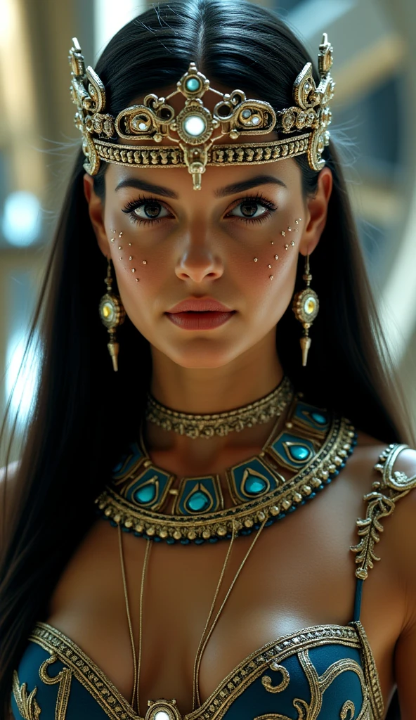 Masterpiece, paparazzi shot of scantily clad MILLIE BOBBY BLack, INTENSE BLUE EYES, fking_scifi, fking_scifi_v2, portrait of a young, seductive, extremely beautiful and attractive woman, big cleavage, in ancient roma 41bc, long messy BLack hair, rich colorful clothes and golden jewelry, close up, regal pose and attitude. fking_cinema_v2