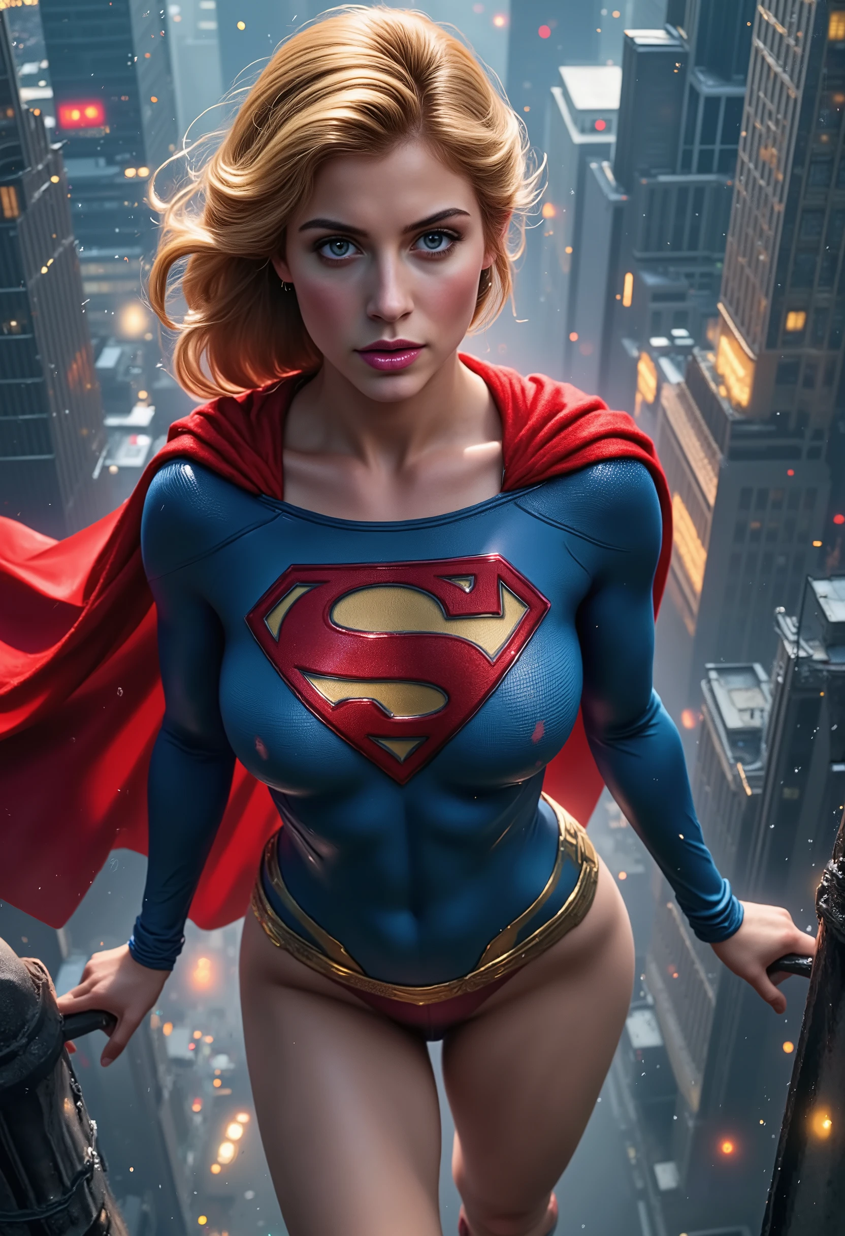 (best quality,4k,8k,highres,masterpiece:1.2),ultra-detailed,(realistic,photorealistic,photo-realistic:1.37),hyperrealistic masterpiece,2 beautiful blonde girls,Supergirl super sexy with a classic blue and red superhero bikini with the Superman logo fighting against Harley Quinn dressed only in lingerie, her panties are red and her bra is white, their gazes are penetrating,dramatic,a lot of blood, I can see their buttocks and genitals, their chests are visible because their clothes are torn,semi-naked,wounded, the scene is terrifying, background of a destroyed Gotham city, vehicles in flames, horrified people.