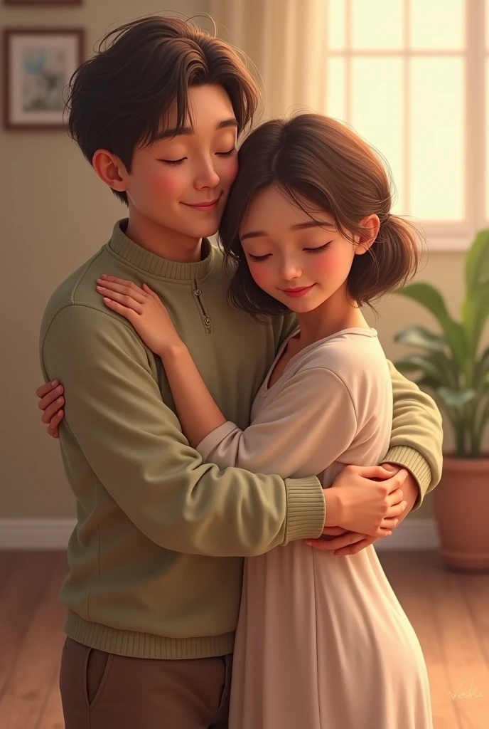 3D animation style.'A young couple cuddles in a simple room,The background is simple furniture"
