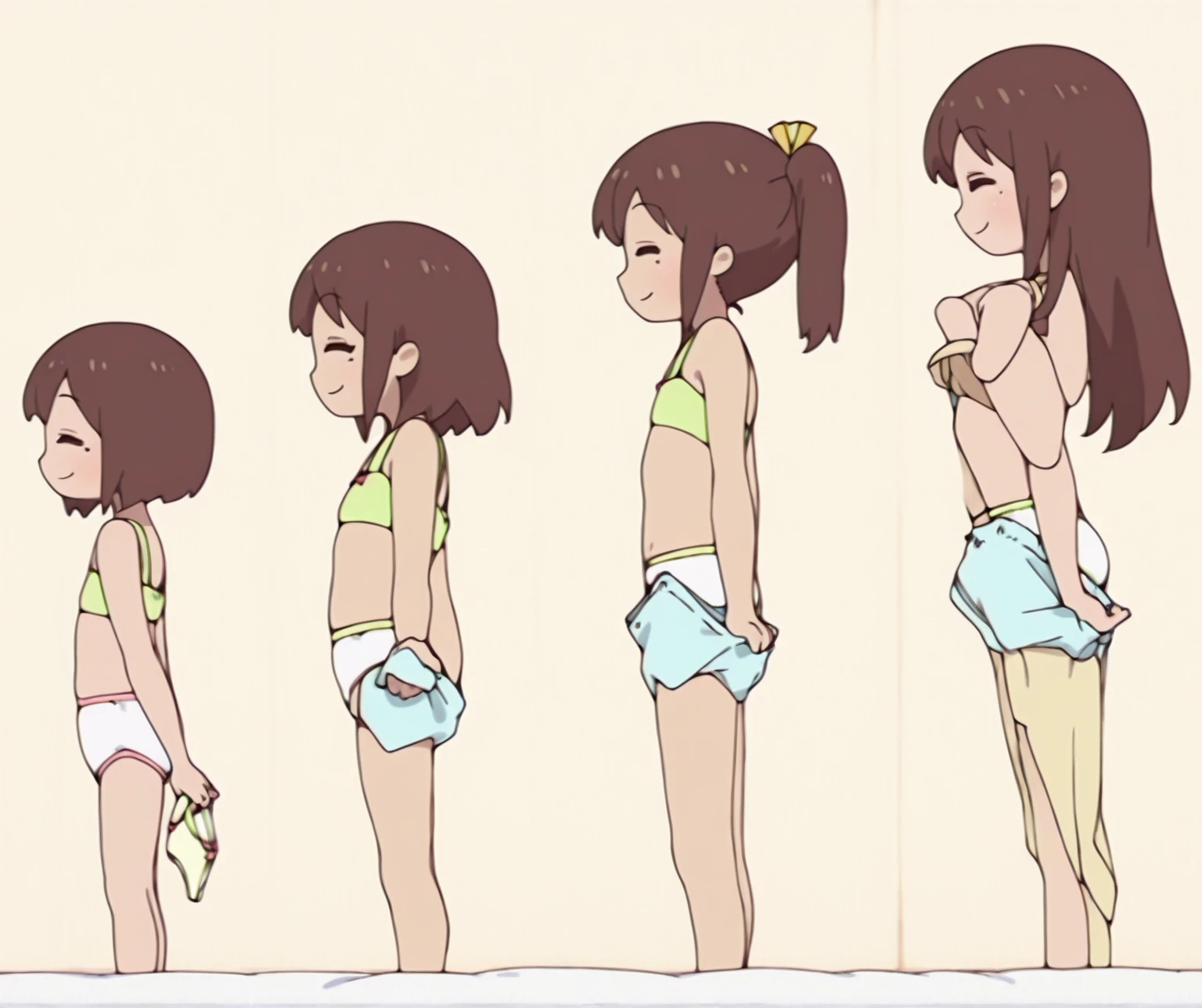 superflat, flat shading, flat colors, corridor, side view, 3girls, standing in line, little, lolis, 10yo, flat chest, long hair, sports bra, (white panties), sneakers, doing exercises, stretching, bright, lwsh