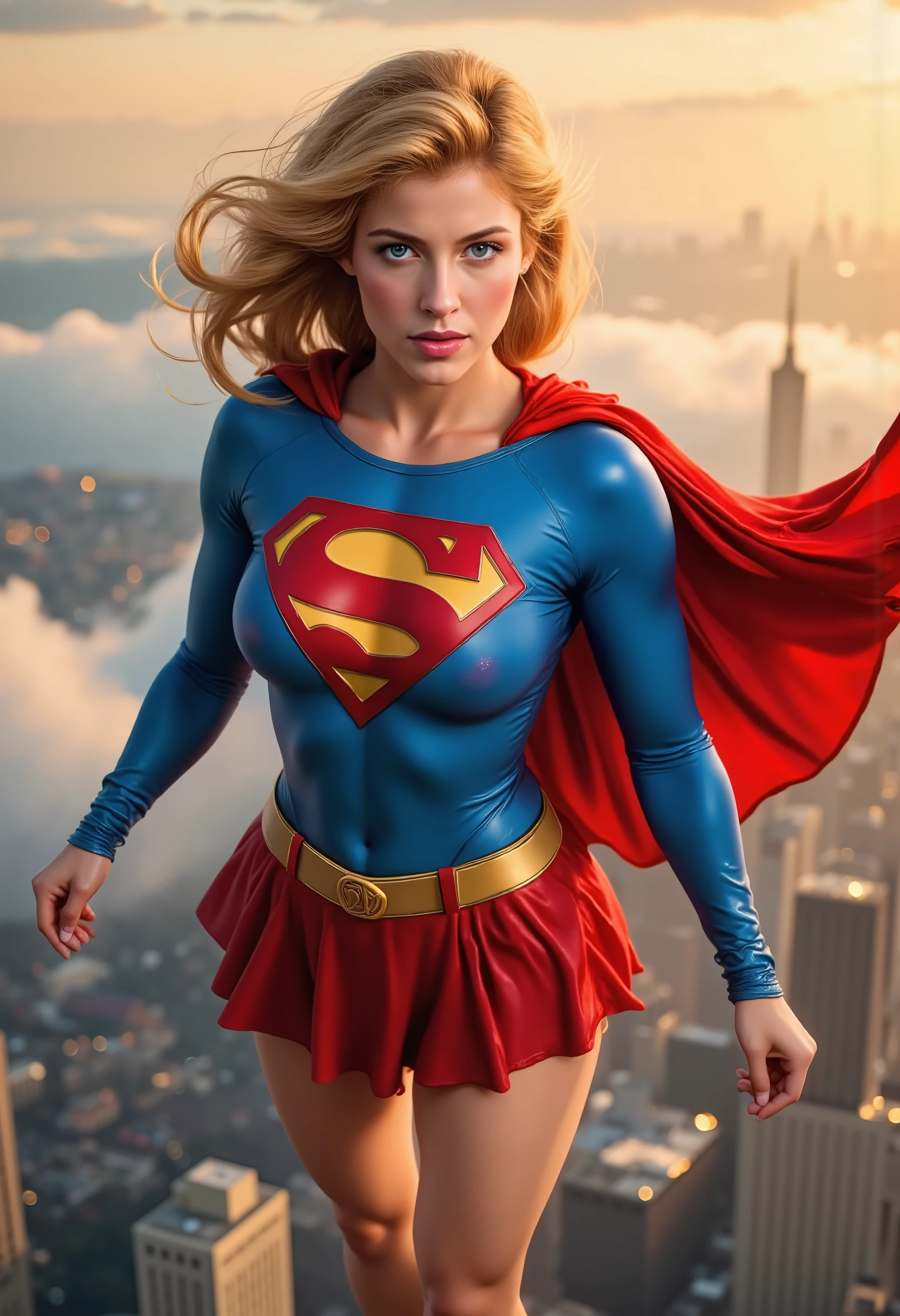 "A stunning, semi-realistic full-body portrait of a powerful heroine soaring above the city skyline, inspired by Helen Slater’s Supergirl (1984). She wears the classic bright blue bodysuit with the bold red and yellow ‘S’ emblem emblazoned on her chest, a crimson skirt flowing dynamically in the wind. Her golden blonde hair cascades around her face, catching the sunlight, while her deep blue eyes radiate confidence and kindness. The billowing red cape adds a sense of motion as she hovers against a breathtaking sunset sky, clouds tinged with warm hues of orange and pink. Soft cinematic lighting accentuates the vintage yet timeless aesthetic of the classic 80s superhero look, evoking nostalgia and power. The scene is rich in dynamic energy, capturing her as the ultimate symbol of hope and heroism."