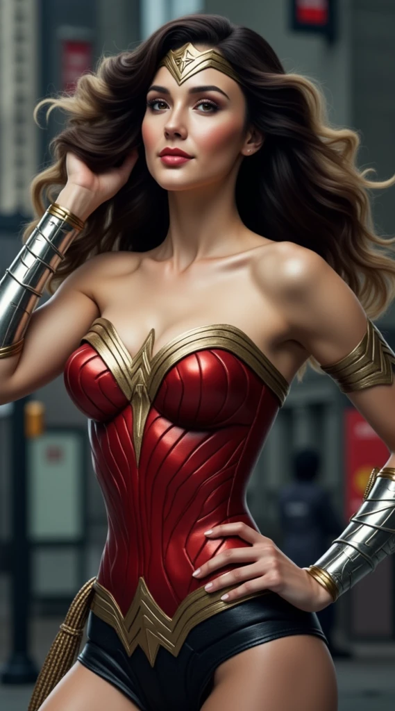 (masterpiece, High Quality, high resolution, realistic photo,  Photograph),  Beautiful woman, full face photo,   with light eyes  , beautiful breasts , Beautiful and detailed face,  charming smile ,  beautiful butt  , Angelic look,  beautiful legs, great detail of her body and face in a sensual and erotic pose. Great detail of the background and surroundings.  Beautiful girl with very big breasts, red lips, long loose hair, sensual. A woman wearing a Wonder Woman costume, a beautiful warrior with long, dark-colored wavy hair with blond tips, dressed in armor inspired by Amazonian mythology. Her outfit includes a red leather corset with gold details, metallic bracelets adorned in gold and silver, and tight black leather pants. wears a gold headband with a gem in the center. Its posture is powerful and elegant. The scene takes place in an outdoor setting of a city at dusk. soft and natural lighting. looking at the spectator.