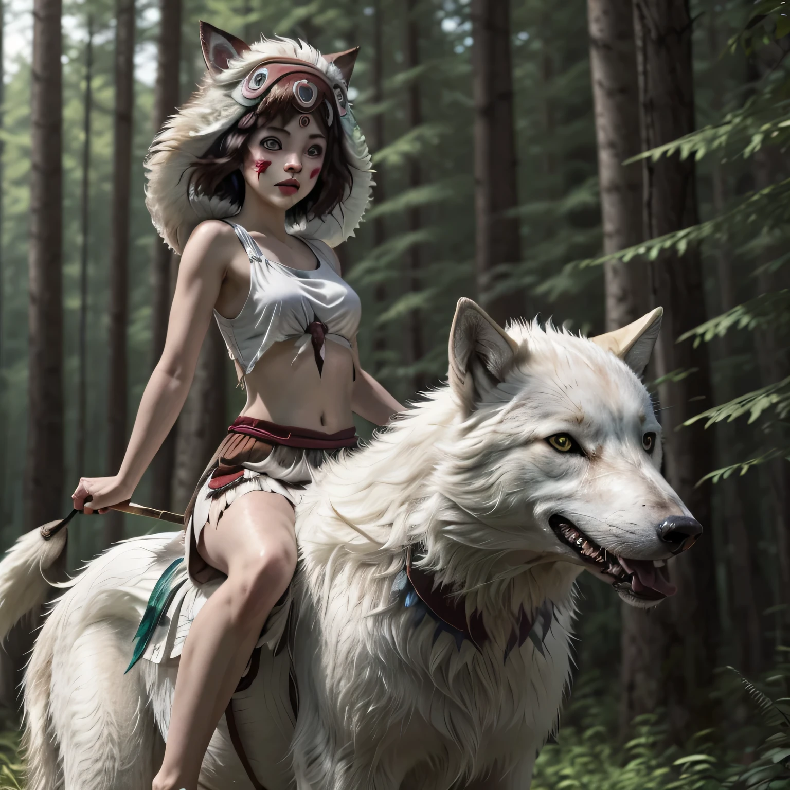 (Masterpiece), best quality, 8k wallpaper, Super detailed, beautiful,, highest quality, 1girl, dark short hair with bangs, beautiful face, with face paint, (XIV-years-old), wearing a thin white skirt, a white crop top (torn clothes , showing naked skin underneath), and wolf mask on her head (princess mononoke style), a young girl sitting on the back of a giant white wolf in the forest, riding a giant white wolf through the forest, studio ghibli style mononoke,, princess mononoke, photorealistic style, short stature, perfect proportions, show full body,