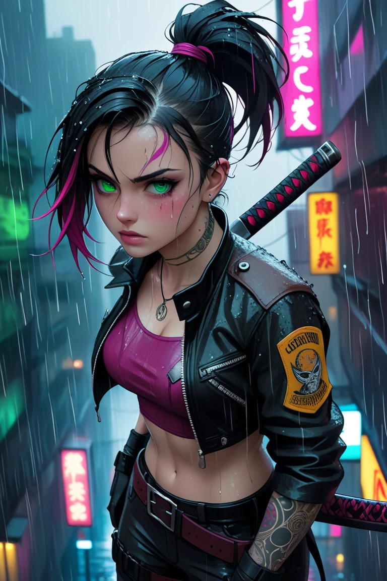 A striking 3D anime rendition of a menacing young woman, the leader of a rebellious Sukeban gang. She has a distinctive scar above her left eye, adding to her intimidating appearance. Wielding a baseball bat wrapped in menacing barbed wire, she stands tall with a serious, unwavering gaze. The background features a gritty urban landscape with graffiti-covered walls and a dimly lit street, reflecting the gang's rebellious nature. The overall atmosphere is intense and edgy, capturing the essence of the Sukeban style., 3d render, anime