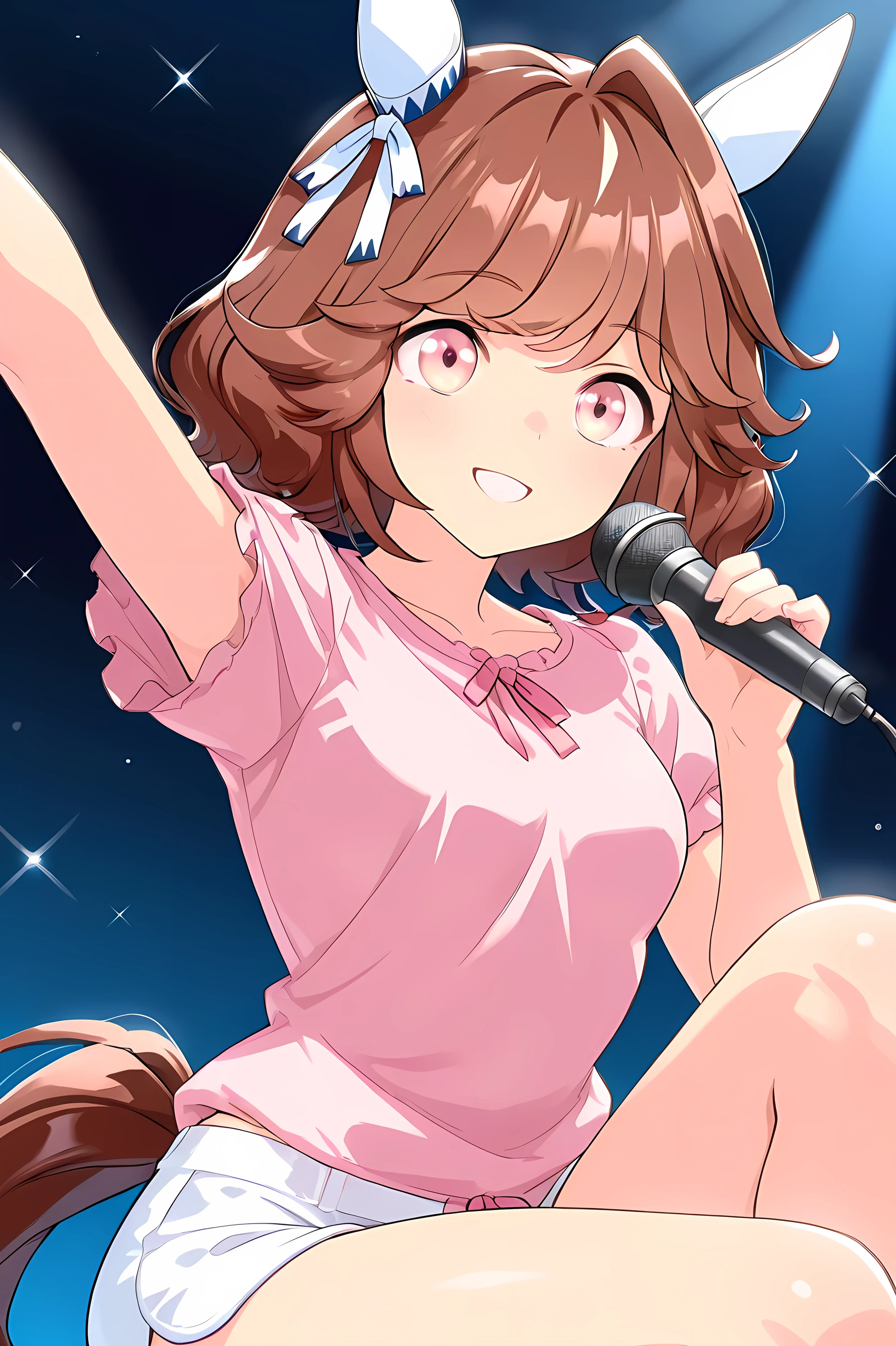 haiseiko \(umamusume\),masterpiece,best quality,((arm up)),(((knee up))),(((Hold the microphone in one hand))),((close-up image from the front)),((white micro mini dolphin shorts)),((Pink short sleeve shirt)),(wink),(best smile),((On a dark stage )),((The spotlight hits the character)),((Upgraded image of the character from the front)),((smooth thighs)),1 girl, solo, anime style,cute girl,best quality, super detailed, anime style,8k, high definition, detailed images