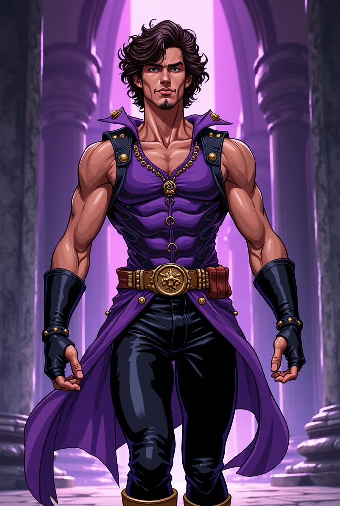 minimalist 1980s scifi poster, (full body:1.2), 1boy, man, ruggedly handsome, solo, [:creative costume design,:0.2] barbarian, silk robe, caucasian, darkviolet hair, (solid:1) build<lora:EnvyStarlight80sScifiPoster01:1>