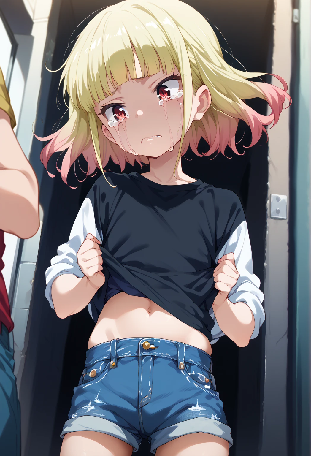 ((young 2girl ,short stature,gyaru)) ,flat chest, see-through tight dress,dirty,torn wear,slam street,black messy long hair,shy, sexual ecstasy, blush,nsfw,pov, give a head
