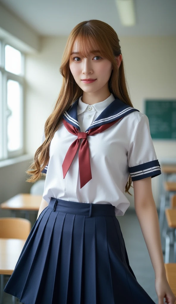 (work of art, highest quallity:1.2), 8K, Beautiful young woman, 85 mm,Official AR RAW photos, baby face、Big breasts show me your ears、photoshoot, cute face, thicc thighs, After school class, gazing at viewer, embarrassing、ssmile、no-makeup, Film grain, Chromatic aberration, sharp focus, Facial Light, clear lighting, Ten generations, face detailed, background bokeh、((((((15 year old high school girl))))))、Waist slender、sailorsuit、navy blue mini skirt、small white panties nsfw