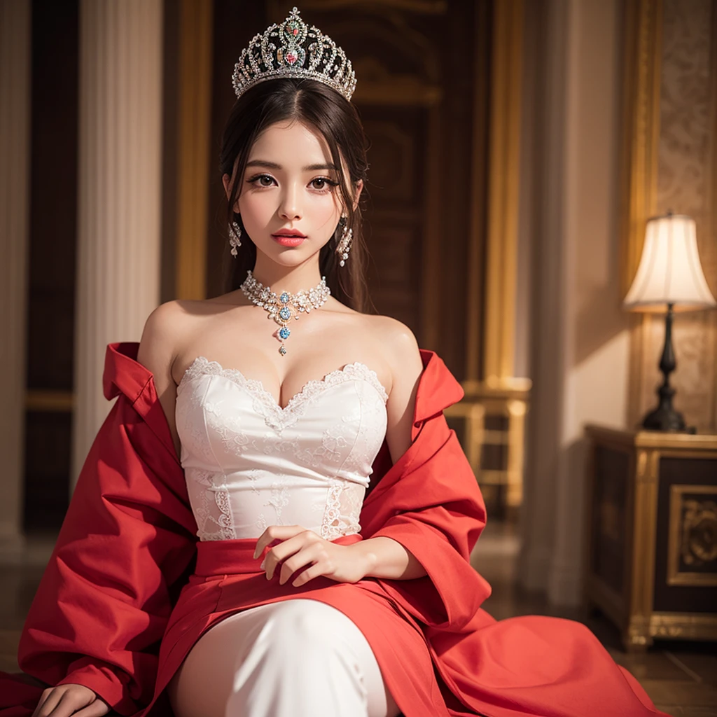 beautiful face women sitting on royal chair, facing towards camera, wear red sexy luxury gown
