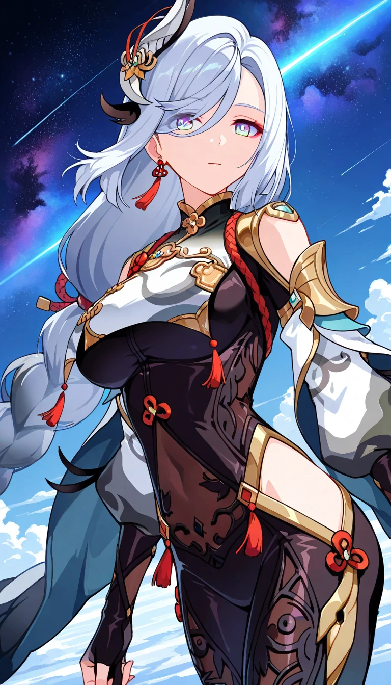 masterpiece, best quality, ShenheV4, 1girl, solo, looking at viewer, blush, hair ornament, gloves, sitting, braid, hair over one eye, thighs, outdoors, parted lips, sky, black gloves, elbow gloves, clothing cutout, bodysuit, covered navel, night, feet out of frame, tassel, star (sky), night sky, starry sky, gold trim, black bodysuit, hip vent, shoulder cutout, breast curtain, navel, earrings, parted lips, thigh gap, tassel,
