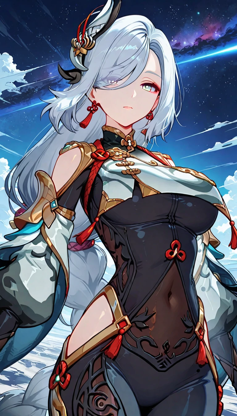 furry, female, great grey wolf, night, glowing hairs, fluffy tails, breasts, tribal outfit