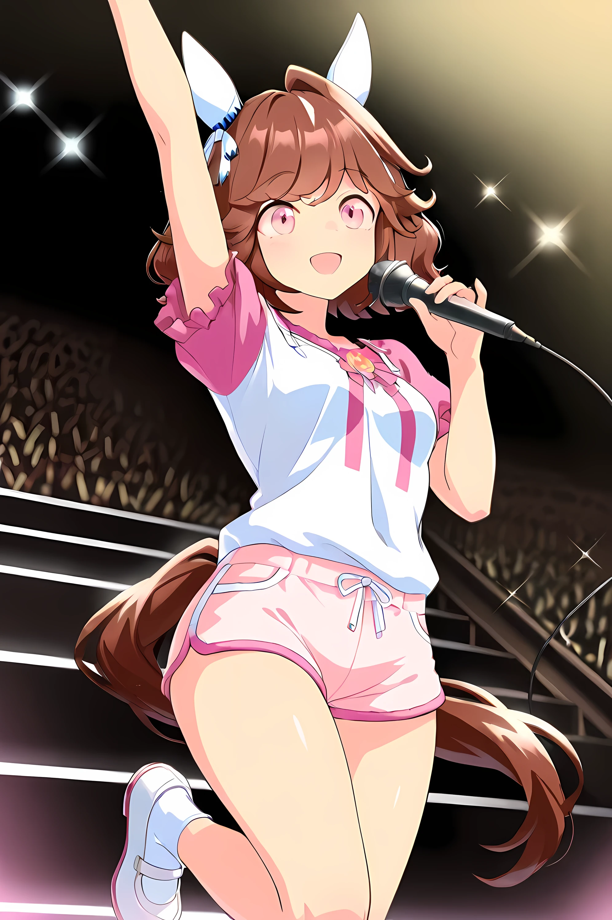 haiseiko \(umamusume\),masterpiece,best quality,((arm up)),(((Raise one leg up to the knee))),(((Hold the microphone in one hand))),((close-up image from the front)),((White and Pink Tricolor Micro Mini Dolphin Shorts)),((Pink Ruffled Short Sleeve Shirt)),(((wink))),(best smile),Dyed slightly red on the cheeks, standing((On a dark stage )),((The spotlight hits the character)),((Upgraded image of the character from the front)),((smooth thighs)),1 girl, solo, anime style,cute girl,best quality, super detailed, anime style,8k, high definition, detailed images