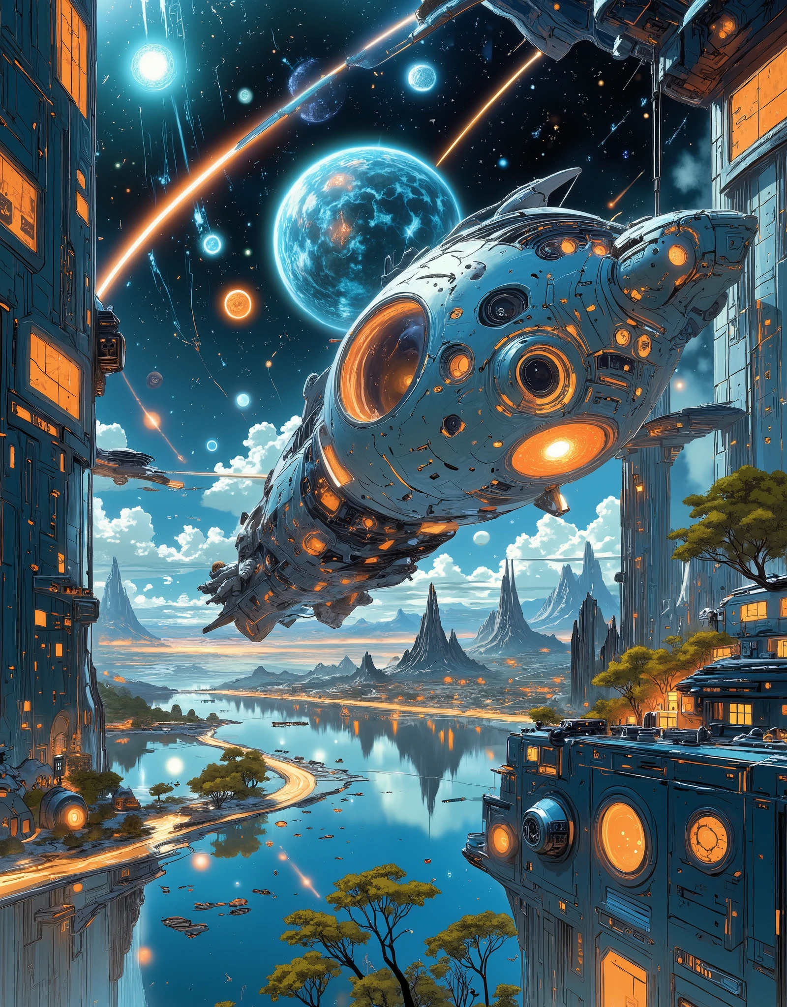An astronaut robot in a shiny reflective case is flying over an extraterrestrial utopian colony with a large body of water, flying over an alien city with dense fantastic buildings, flying through the sky, aerial view,cosmic colors, Cosmic sky, planets and constellations, a luminous utopian fascinating city below, a masterpiece of extraterrestrial architecture, cyber-futurism, utopia, absurdity, Space, science fiction, sky-fi technology, semi-realism, digital art, cover photo, top view,aerial perspective, high detail, 64k format