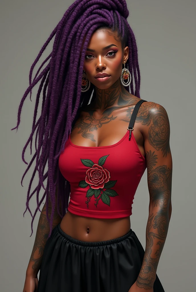 black curly hair growing out with red tips, afro-descendant woman with skull tattoo on her arm 