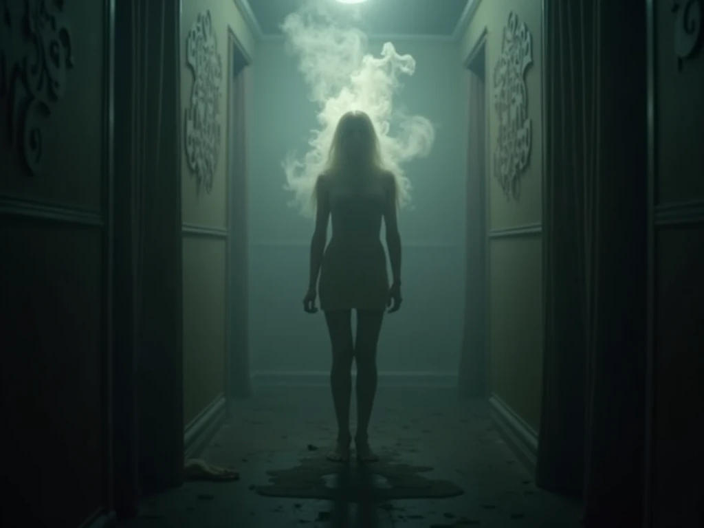 emaciated naked body.very thin skinny girl. fabulously long thin legs in heels. flies above the ground. in the illuminated bedroom flies. aura of magic around the body glow. face is scared. covers her chest with her hands.