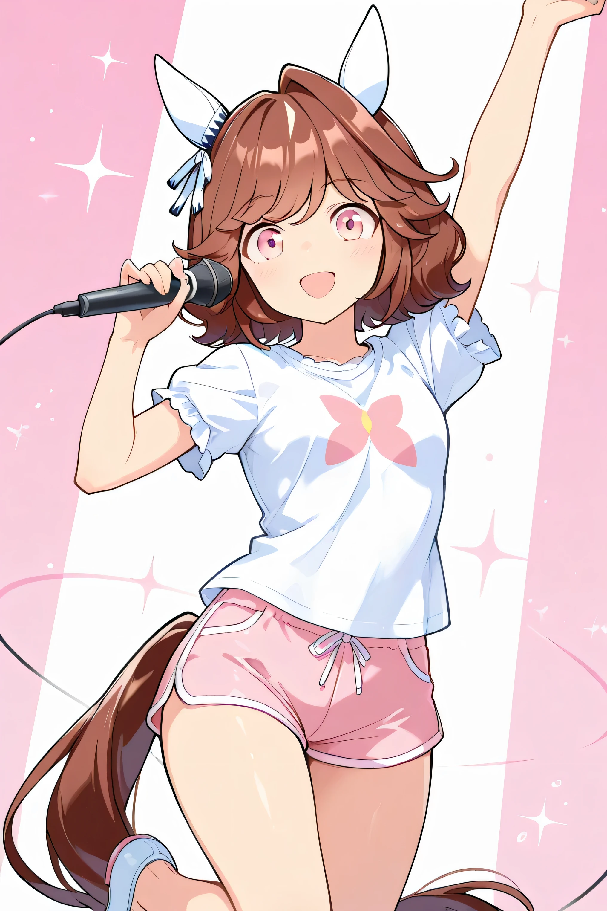 haiseiko \(umamusume\),masterpiece,best quality,((arm up)),(((Raise one leg up to the knee))),(((Hold the microphone in one hand))),((close-up image from the front)),((White and Pink Tricolor Micro Mini Dolphin Shorts)),((cute frilly short sleeve shirt with pink ruffles)),((( winks))),(best smile),Dyed slightly red on the cheeks, standing((On a dark stage )),((The spotlight hits the character)),((Upgraded image of the character from the front)),((smooth thighs)),1 girl, solo, anime style,cute girl,best quality, super detailed, anime style,8k, high definition, detailed images