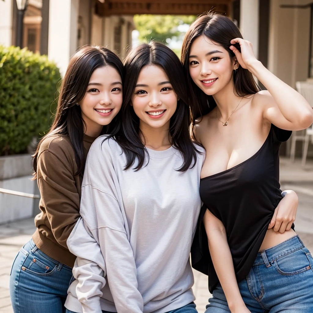 Highest quality,Ultra-high resolution, (Realistic:1.4), RAW Photos, 32K Portrait, Very detailed, Four Girls、ベッドにFour Girls、Leaning forward、Huge breasts、Cleavage、The two look at each other.、On all fours、On all foursになって、Super large 、Off-the-shoulder knit、Shorts Jeans