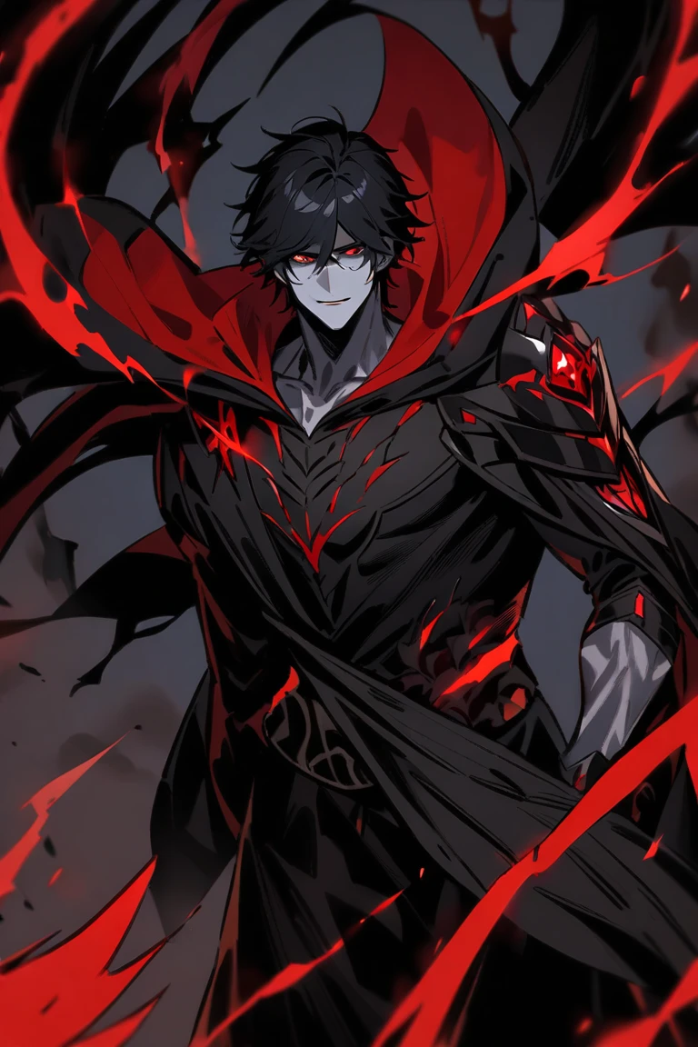 Anime guy with black hair, handsome, red eyes, aura, really strong, strongest man, muscle, black long coat, force, black aura, black power, burning village background, night