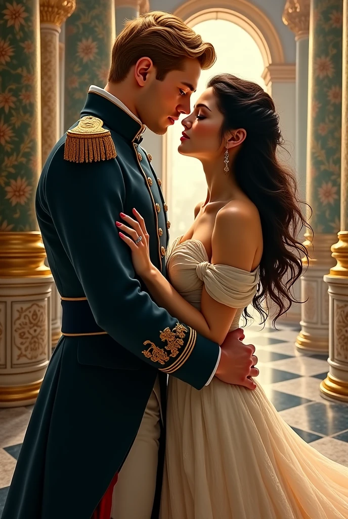 We're standing facing each other in the hallway in the military office decorated with Victorian style decors. You have one hand on my cheek, gently caressing me with a warm and tender look in your eyes. Your other hand is now in my mouth, the thumb inside, as I playfully wrap my tongue around it, enjoying the contact. We're standing close to each other, our bodies almost touching, and the atmosphere around us is filled with a mix of comfort, affection, and underlying desire.