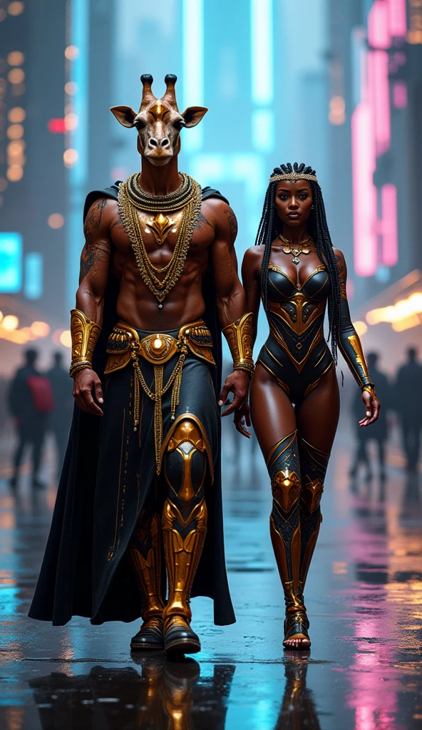 A tall black African muscular man vs Hanfu beauty,face to face,antagonism,hands on hips,Chest,head looking up,(beautifullegs:0.9),from below