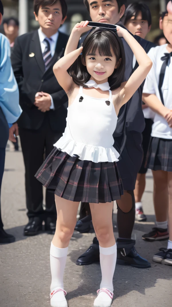 Super beautiful girl ,(Little Super Beautiful Girl :1.8),(),(Bad female ),(( girl)),(full body), (black hair),Uniform jacket,long legs,(young but very huge breasts),(Small Face),tempts,(standing showing armpits:1.3),(shot from below), naughty smile,(white loose socks),Young face, elementary school student, (hairy long pubic hair),((Photographed with a cell phone camera by Japanese men in the back:1.5)),((Being watched by middle-aged men around me:1.5)),(street),(Crowded city),( naked girl),(Frizzy Dark Pubic Hair),Raw,greatest masterpiece