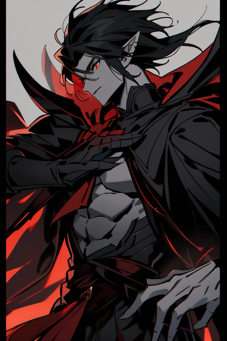 Boy with black hair and red locks, crimson eyes and black clothes